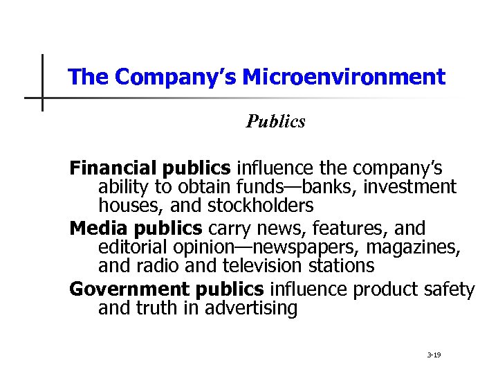 The Company’s Microenvironment Publics Financial publics influence the company’s ability to obtain funds—banks, investment