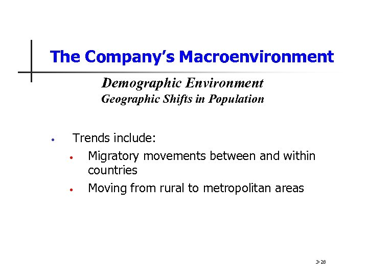 The Company’s Macroenvironment Demographic Environment Geographic Shifts in Population • Trends include: • Migratory
