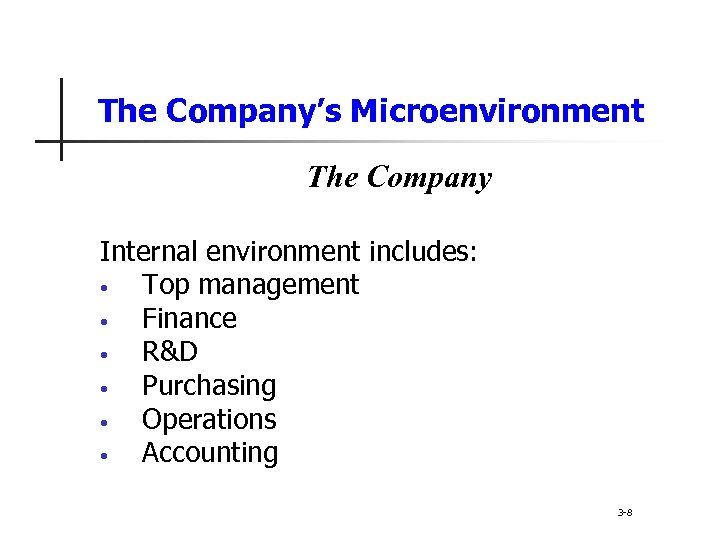 The Company’s Microenvironment The Company Internal environment includes: • Top management • Finance •
