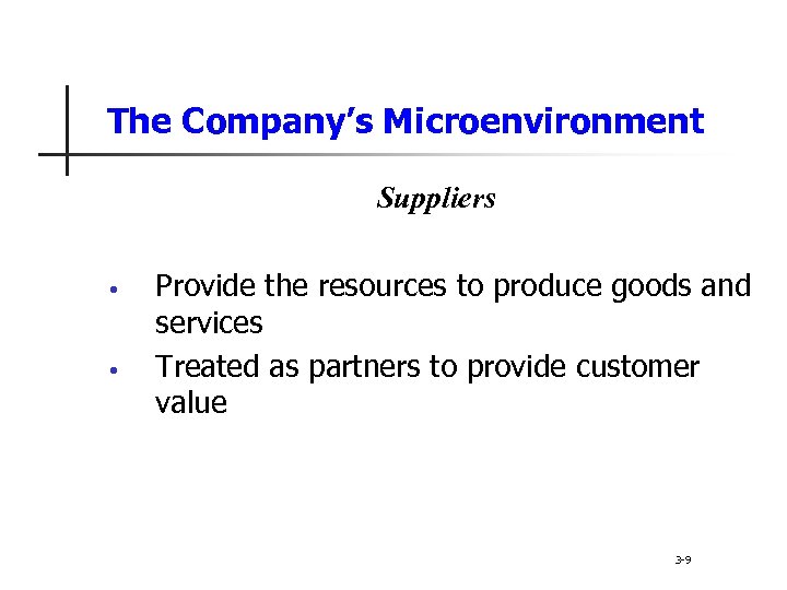 The Company’s Microenvironment Suppliers • • Provide the resources to produce goods and services