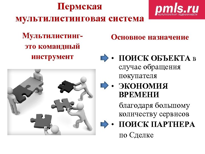 Пермская мультилистинговая система Мультилистингэто командный инструмент Основное назначение • ПОИСК ОБЪЕКТА в случае обращения