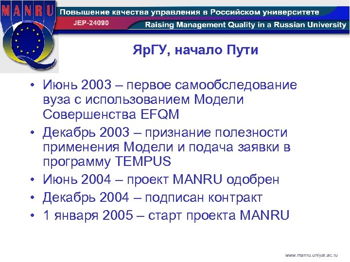 Яр. ГУ, начало Пути • Июнь 2003 – первое самообследование вуза с использованием Модели