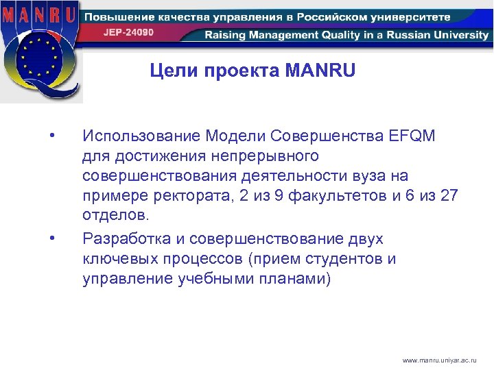 Цели проекта MANRU • • Использование Модели Совершенства EFQM для достижения непрерывного совершенствования деятельности