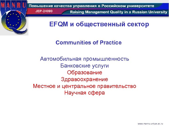 EFQM и общественный сектор Communities of Practice Автомобильная промышленность Банковские услуги Образование Здравоохранение Местное