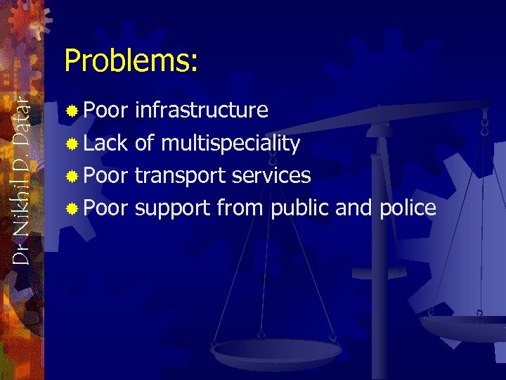 Dr Nikhil D. Datar Problems: ® Poor infrastructure ® Lack of multispeciality ® Poor