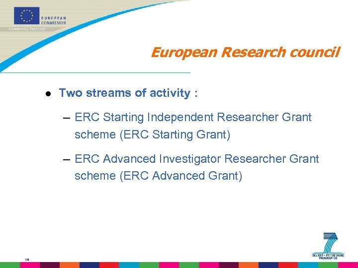 European Research council l Two streams of activity : – ERC Starting Independent Researcher