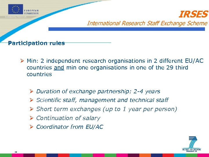 IRSES International Research Staff Exchange Scheme Participation rules Ø Min: 2 independent research organisations