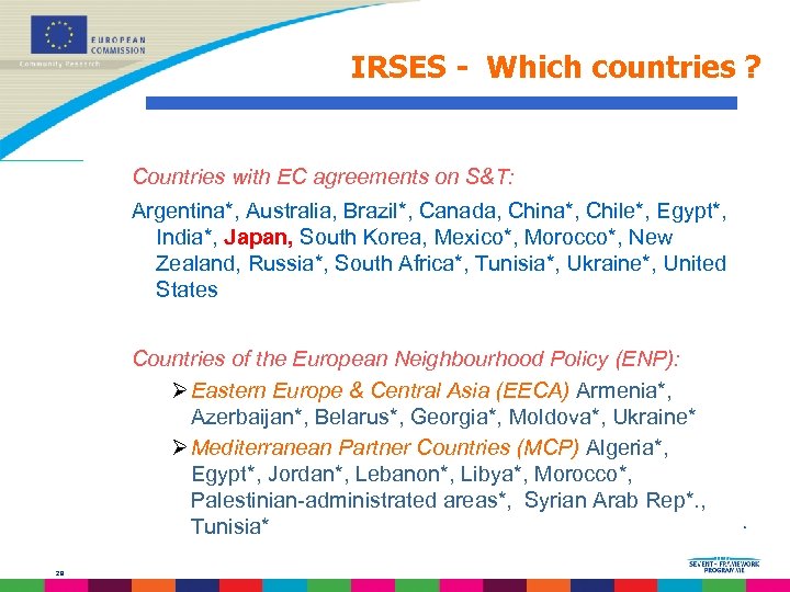 IRSES - Which countries ? Countries with EC agreements on S&T: Argentina*, Australia, Brazil*,