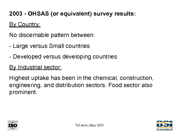 2003 - OHSAS (or equivalent) survey results: By Country: No discernable pattern between: -