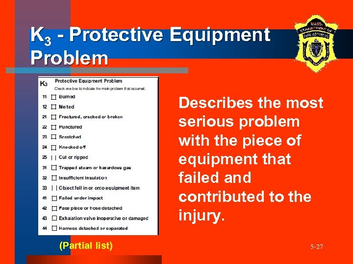 K 3 - Protective Equipment Problem Describes the most serious problem with the piece