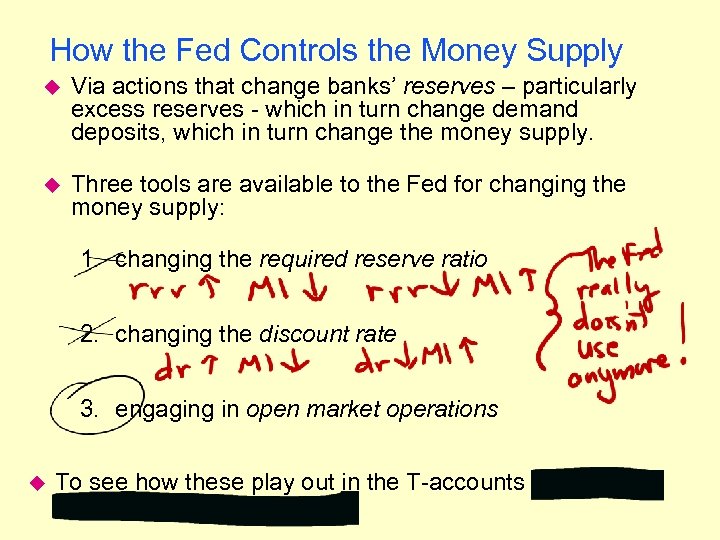 How the Fed Controls the Money Supply u Via actions that change banks’ reserves