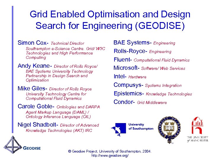 Grid Enabled Optimisation and Design Search for Engineering (GEODISE) Simon Cox- Technical Director Southampton