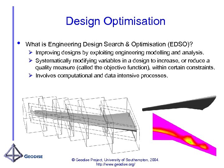 Design Optimisation • What is Engineering Design Search & Optimisation (EDSO)? Ø Improving designs