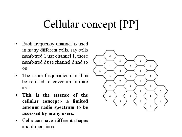 Cellular concept [PP] • Each frequency channel is used in many different cells, say