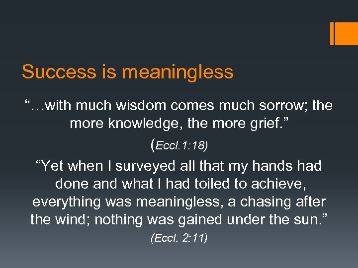 Success is meaningless “…with much wisdom comes much sorrow; the more knowledge, the more