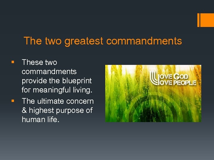 The two greatest commandments § These two commandments provide the blueprint for meaningful living.