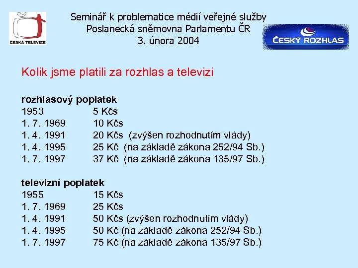 Seminář k problematice médií veřejné služby Poslanecká sněmovna Parlamentu ČR 3. února 2004 Kolik