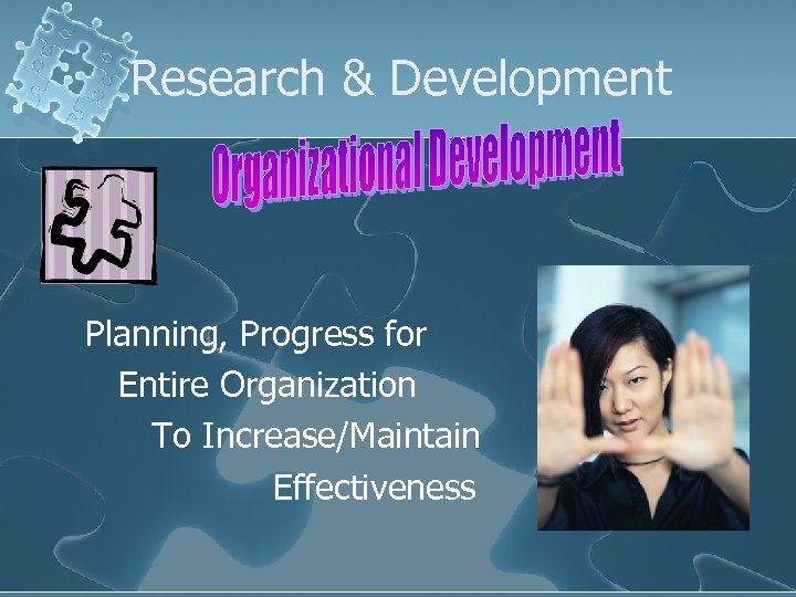Research & Development Planning, Progress for Entire Organization To Increase/Maintain Effectiveness 