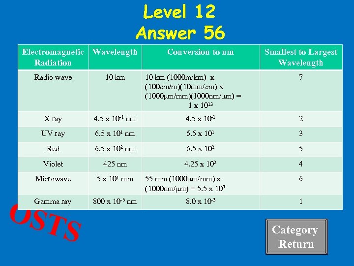 Level 12 Answer 56 Electromagnetic Wavelength Radiation Conversion to nm Radio wave 10 km