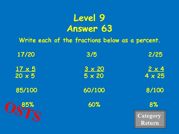 Level 9 Answer 63 Write each of the fractions below as a percent. 17/20