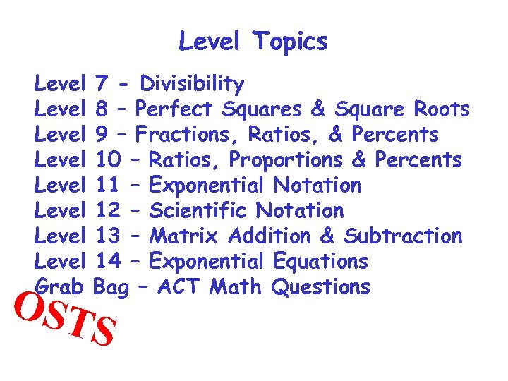 Level Topics Level Level Grab OST 7 - Divisibility 8 – Perfect Squares &