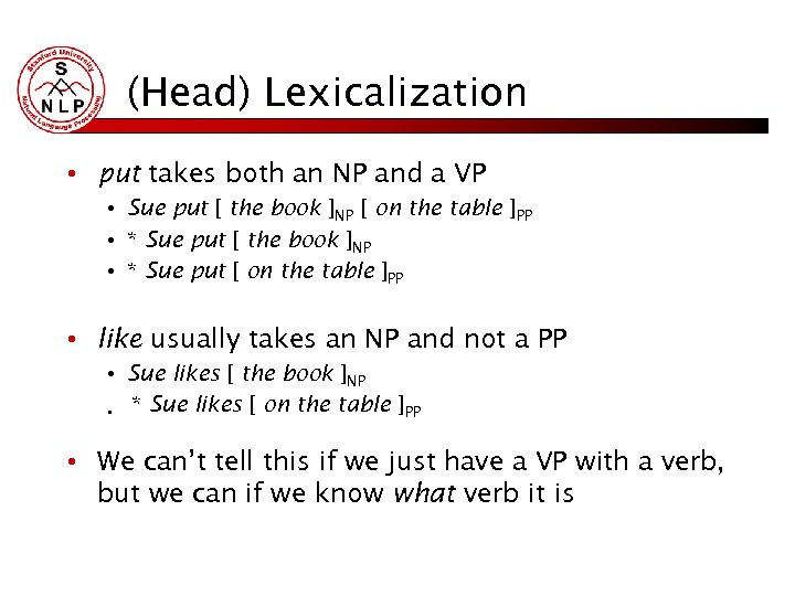 (Head) Lexicalization • put takes both an NP and a VP • Sue put