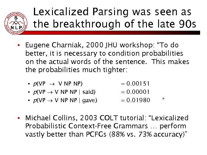 Lexicalized Parsing was seen as the breakthrough of the late 90 s • Eugene