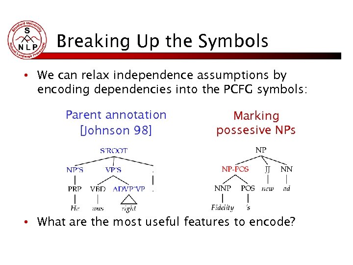Breaking Up the Symbols • We can relax independence assumptions by encoding dependencies into