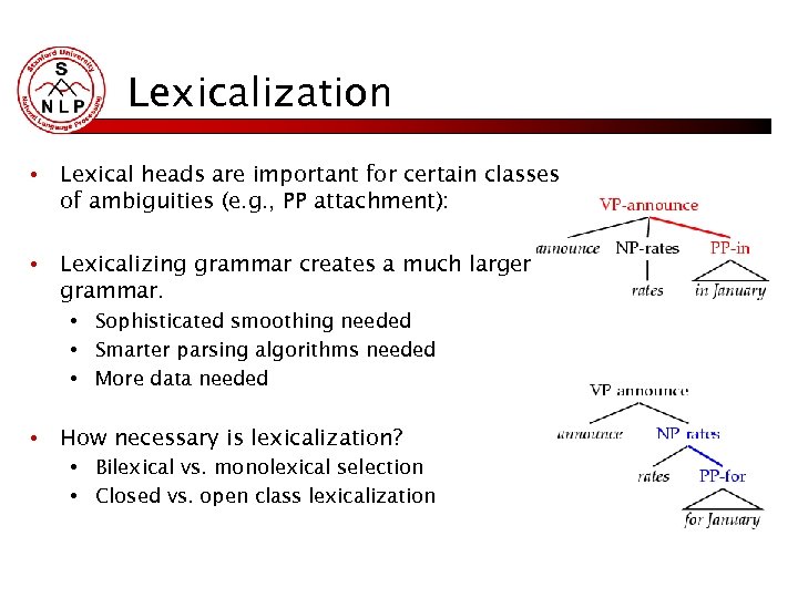 Lexicalization • Lexical heads are important for certain classes of ambiguities (e. g. ,