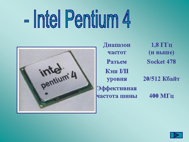 Диапазон 1, 8 ГГц частот (и выше) Разъем Socket 478 Кэш I/II уровня 20/512