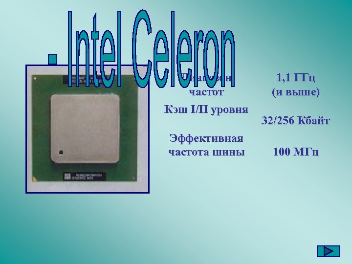 Диапазон частот Кэш I/II уровня Эффективная частота шины 1, 1 ГГц (и выше) 32/256