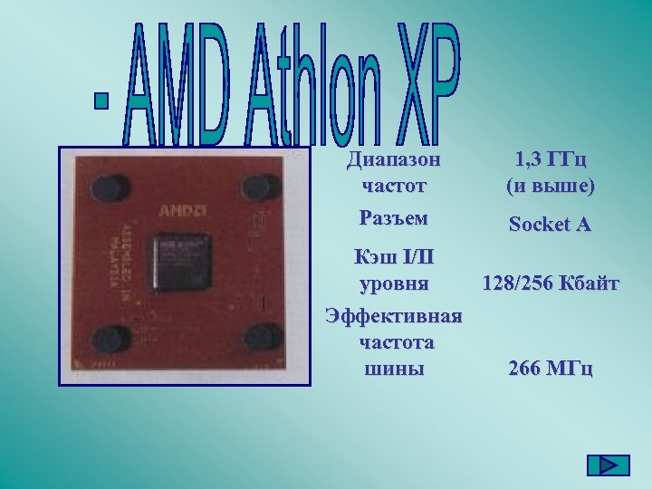 Диапазон частот Разъем 1, 3 ГГц (и выше) Socket А Кэш I/II уровня 128/256