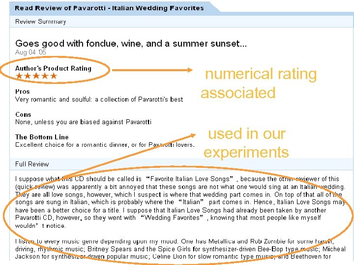numerical rating associated used in our experiments 