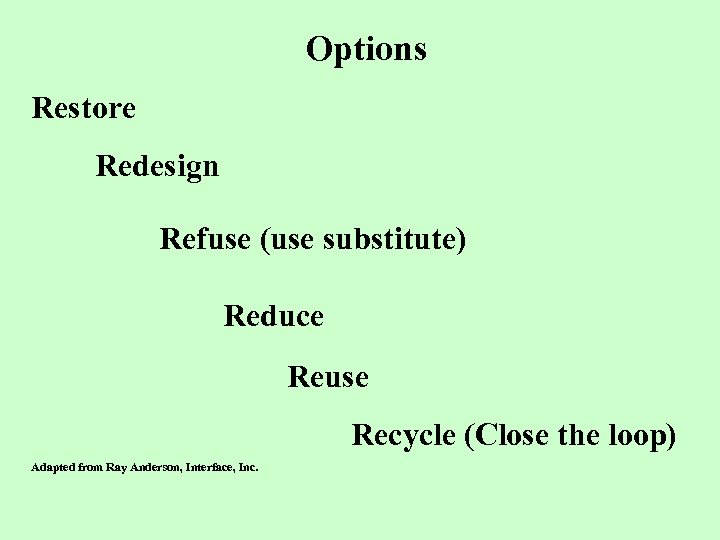 Options Restore Redesign Refuse (use substitute) Reduce Reuse Recycle (Close the loop) Adapted from