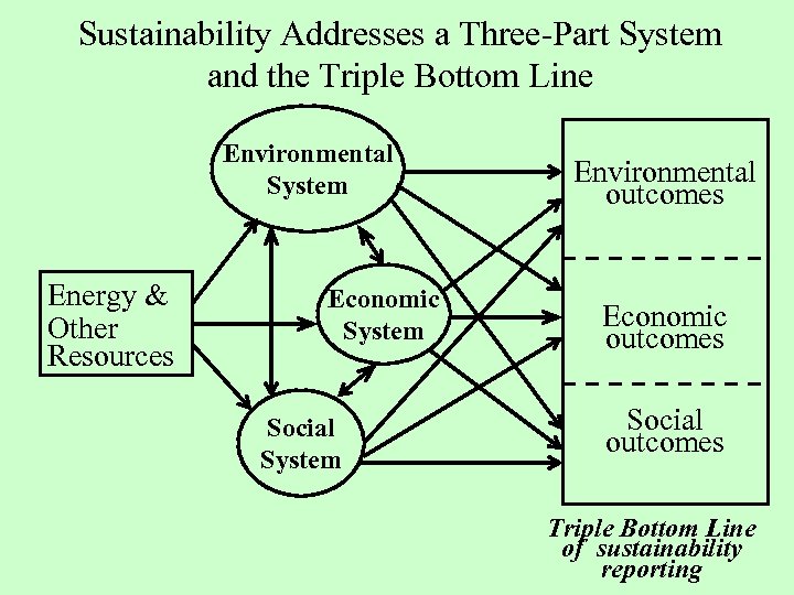 Sustainability Addresses a Three-Part System and the Triple Bottom Line Environmental System Energy &