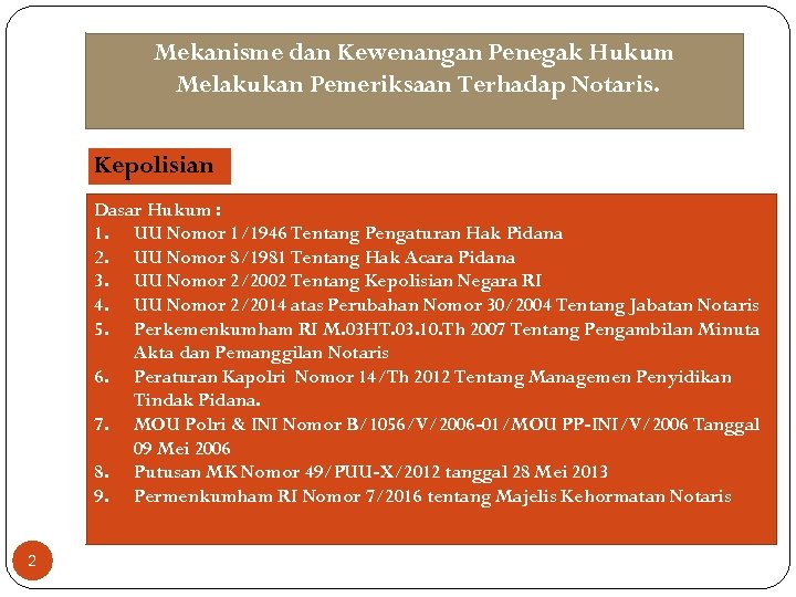 Mekanisme dan Kewenangan Penegak Hukum Melakukan Pemeriksaan Terhadap Notaris. Kepolisian Dasar Hukum : 1.