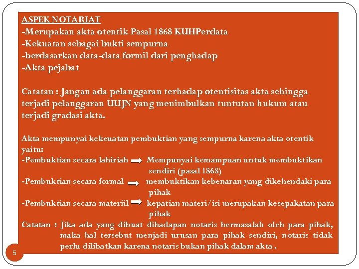 ASPEK NOTARIAT -Merupakan akta otentik Pasal 1868 KUHPerdata -Kekuatan sebagai bukti sempurna -berdasarkan data-data