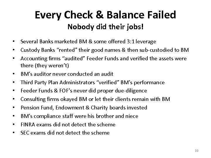Every Check & Balance Failed Nobody did their jobs! • Several Banks marketed BM