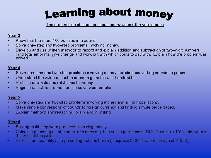 The progression of learning about money across the year groups Year 3 • Know