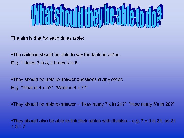 The aim is that for each times table: • The children should be able