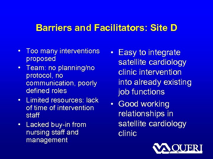 Barriers and Facilitators: Site D • Too many interventions proposed • Team: no planning/no