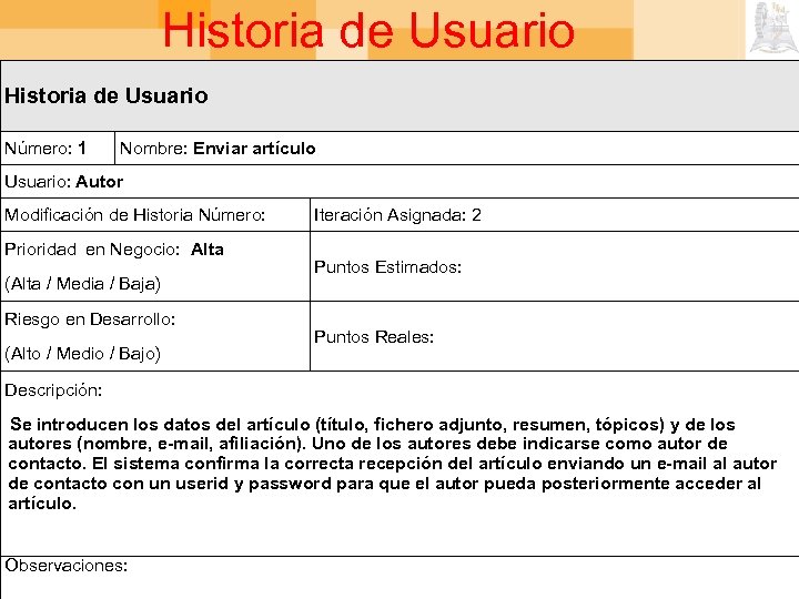 Historia de Usuario Número: 1 Nombre: Enviar artículo Usuario: Autor Modificación de Historia Número: