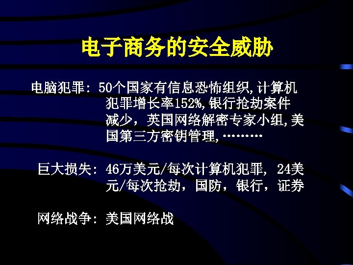 电子商务的安全威胁 电脑犯罪: 50个国家有信息恐怖组织, 计算机 犯罪增长率152%, 银行抢劫案件 减少，英国网络解密专家小组, 美 国第三方密钥管理, ……… 巨大损失: 46万美元/每次计算机犯罪, 24美 元/每次抢劫，国防，银行，证券