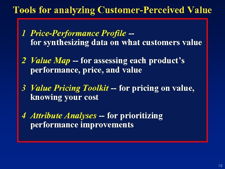 Tools for analyzing Customer-Perceived Value 1 Price-Performance Profile -for synthesizing data on what customers