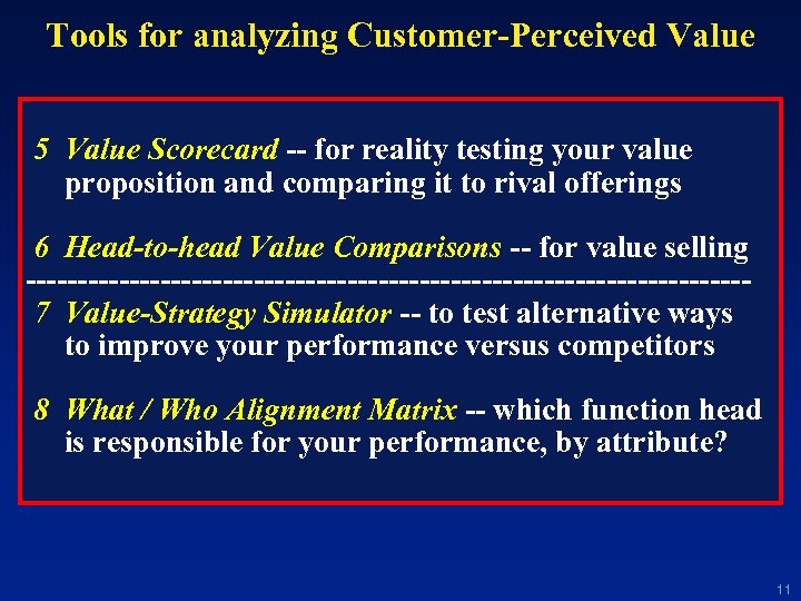 Tools for analyzing Customer-Perceived Value 5 Value Scorecard -- for reality testing your value