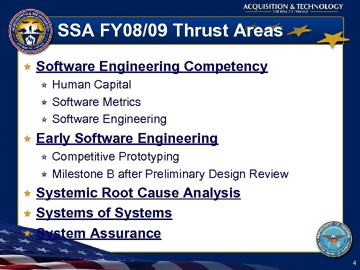 SSA FY 08/09 Thrust Areas Software Engineering Competency Human Capital Software Metrics Software Engineering