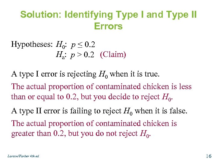 Solution: Identifying Type I and Type II Errors Hypotheses: H 0: p ≤ 0.