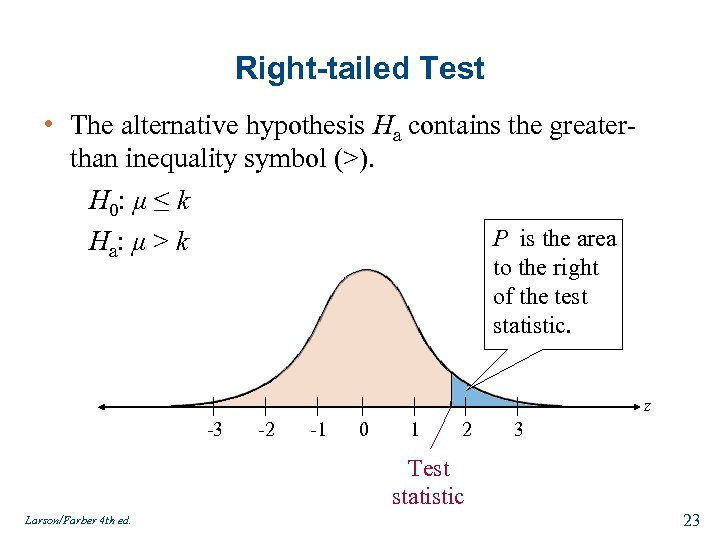 Right-tailed Test • The alternative hypothesis Ha contains the greaterthan inequality symbol (>). H