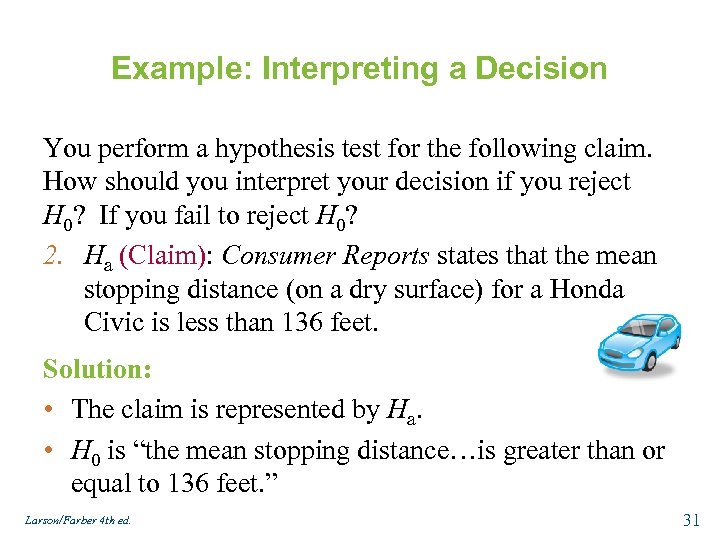 Example: Interpreting a Decision You perform a hypothesis test for the following claim. How