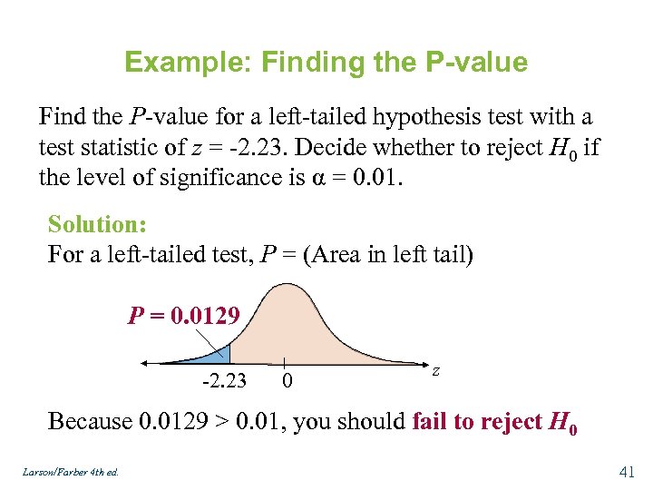Example: Finding the P-value Find the P-value for a left-tailed hypothesis test with a